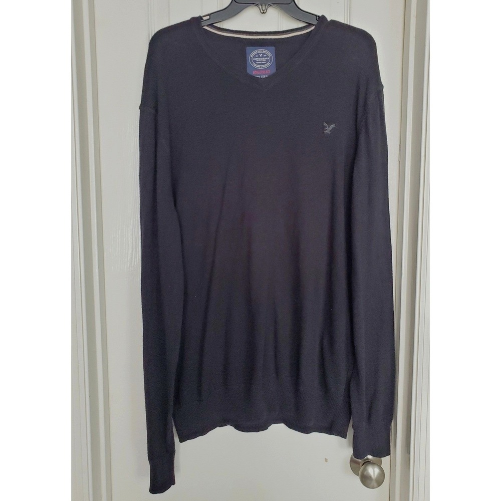 Vtg American Eagle Sweater Black V-Neck Athletic Fit Cotton Pullover‎ XXL